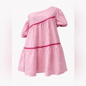 Dare Me Pink One-Shoulder Tiered Cotton Dress | Small
